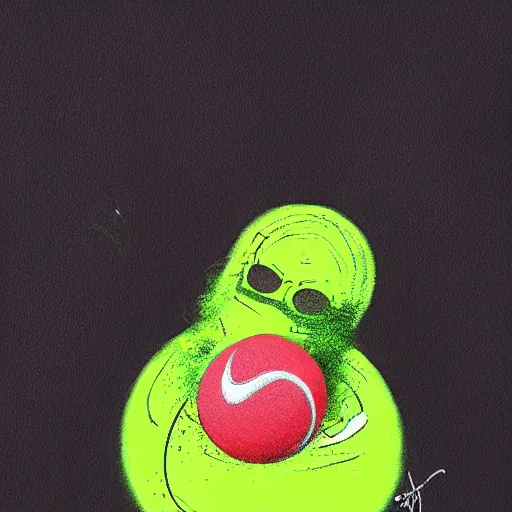 Image similar to air Jordan, retro, tennis ball monster ,tennis ball, digital art, smoke, fantasy,chalk, magic, trending on artstation, ultra detailed, professional illustration by Basil Gogos