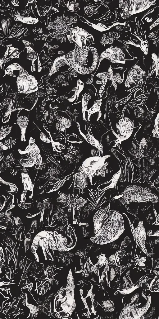 Image similar to animals and plants on a black background, wallpaper, Illustration, Anatomical Drawing, Painting