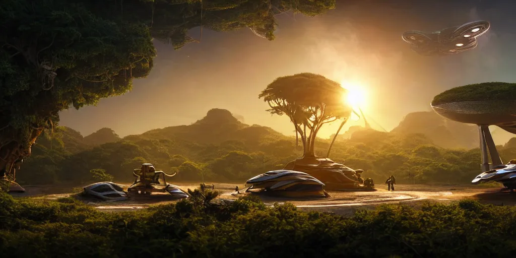 Prompt: a huge futuristic rusty old alien spaceship, next to it a smaller exploration vehicle on a landing pad, surrounded by a lush alien jungle, in the foreground two explorers are arguing next to tiny animals!!, (the animals are walking around), sunset, volumetric light, hyperdetailed, artstation, cgsociety, 8k