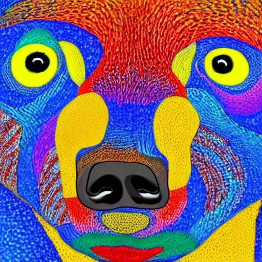 Prompt: a painting of a bear's face with red, yellow, and blue colors, a pointillism painting by mati klarwein, shutterstock contest winner, computer art, impressionism, digitally enhanced, painterly