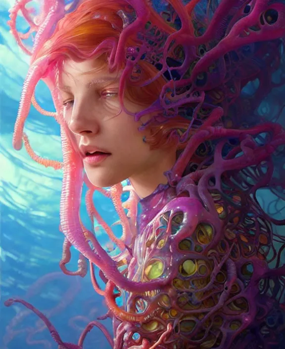 Prompt: colorful transparent portrait of a terrifying beautiful alien sea creature, mottled coloring, adorable, childlike, biopunk environment, ultra realistic, concept art, art nouveau, photorealistic, octane render, 8 k, unreal engine. art by christopher marley and artgerm and greg rutkowski and alphonse mucha