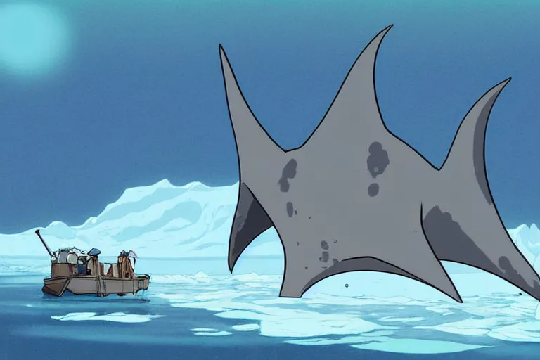 Image similar to cell shaded cartoon of a giant mechanized grey manta ray from howl's moving castle ( 2 0 0 4 ), in an icy river, full body, wide shot, very muted colors, post grunge, studio ghibli, highly detailed, deviantart, art by artgem