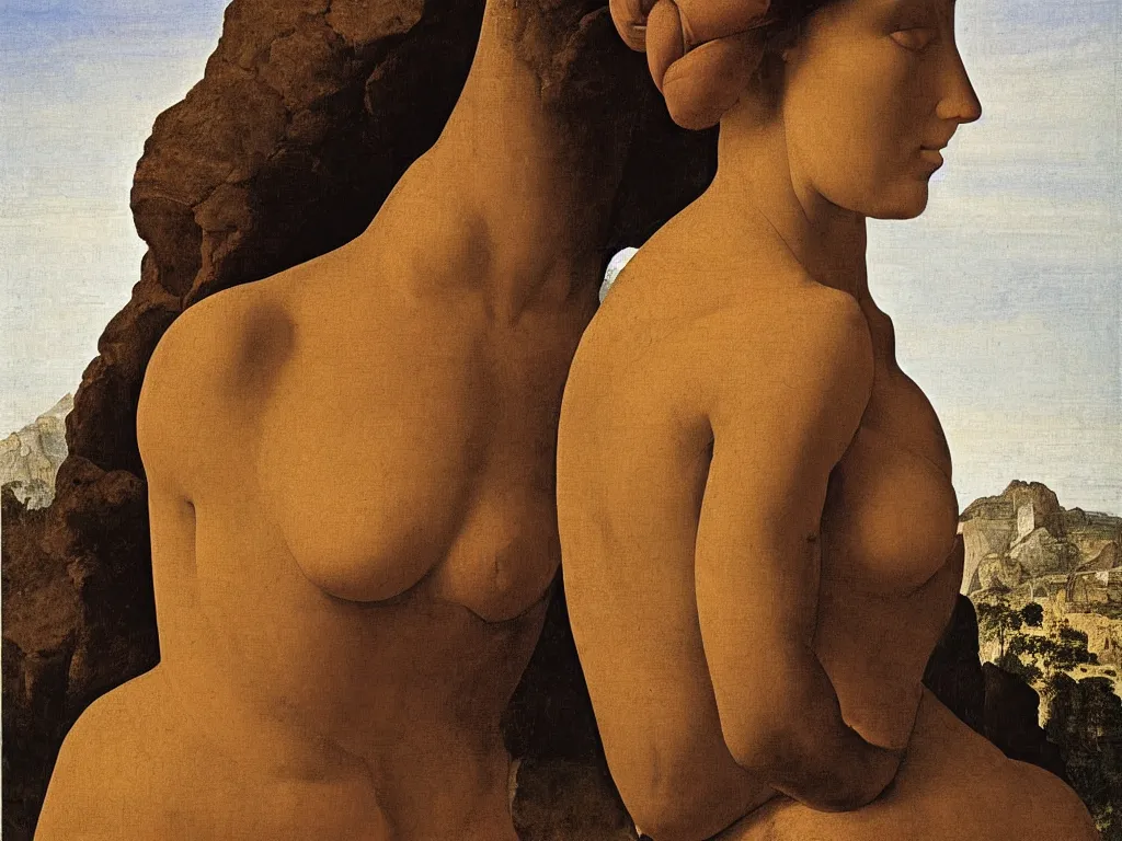 Prompt: Portrait of a woman caught between the sculpted rocks in profile. She has the forehead of an African tribal sculpture. Painting by Giovanni Bellini.