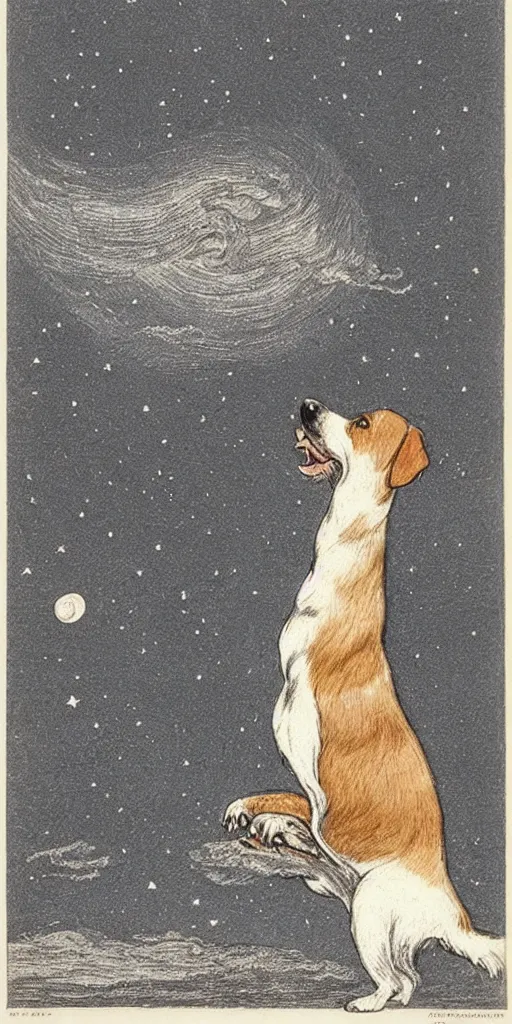 Image similar to jack russel dog looking up and howling with mouth open sad, night sky, highly detailed, side view, illustrated by peggy fortnum and beatrix potter and sir john tenniel