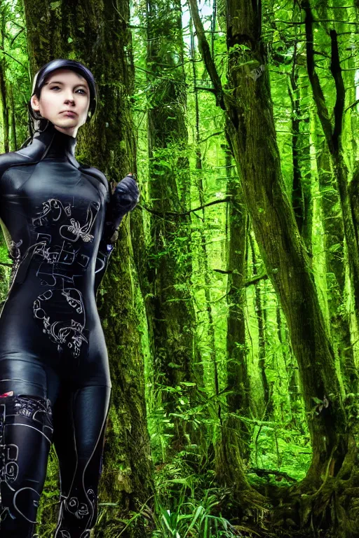 Prompt: Cyberpunk fencer leaning towards the right with a lush forest as backdrop