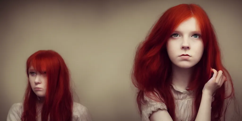 Prompt: a portrait of a sad gothic redhead girl, cinematic lighting, cute