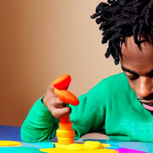 Image similar to playboi carti playing with playdoh, intensely focused