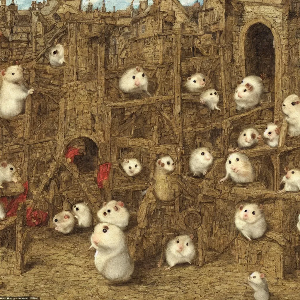 Image similar to a hamster in a medieval stockade, in the town square, crowd of angry hamsters surrounding, 1 2 th century europe theme