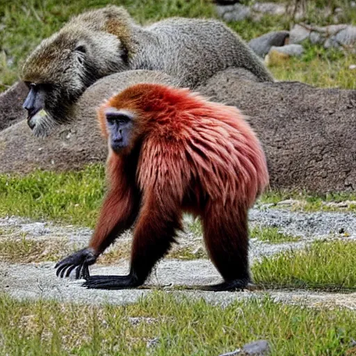 Image similar to monkey-flamingo hybrid in battle armor fighting a grizzly bear