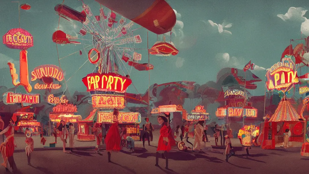 Image similar to Party at the fairground, in the style of David Lynch, by Wes Anderson, concept art, artstation