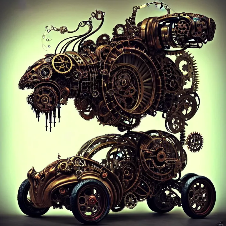 Prompt: biomechanical steampunk vehicle reminiscent of fast sportscar with robotic parts and (glowing) lights parked in ancient lush palace, gothic and baroque, brutalist architecture, ultradetailed, creepy ambiance, fog, artgerm, giger, Intricate by Ellen Jewett and Josan Gonzalez and Giuseppe Arcimboldo