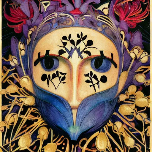 Prompt: a masterpiece painting of a facemask made of stylized flowers, by annie swynnerton and jean delville and tino rodriguez and john watkiss, flower mask, art deco shaman, art brut, symbolist, dramatic cinematic lighting, god rays, iridescent beetles, clean crisp graphics, smooth sharp focus, extremely detailed
