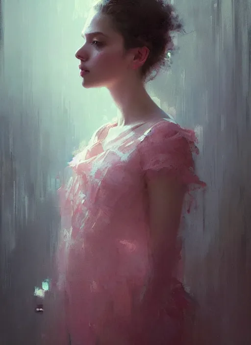 Image similar to indoor portrait of a beautiful girl, shades of pink, beautiful face, rule of thirds, intricate outfit, spotlight, by greg rutkowski, by jeremy mann, digital painting