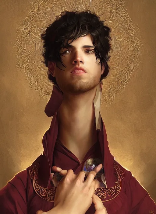 Prompt: character concept portrait of an attractive young princely Spanish wizard with golden skin enchanting a mutilating curse, a floating iridescent spell book in the center, intricate, elegant, digital painting, concept art, smooth, sharp focus, illustration, from Metal Gear, by Ruan Jia and Mandy Jurgens and William-Adolphe Bouguereau, Artgerm