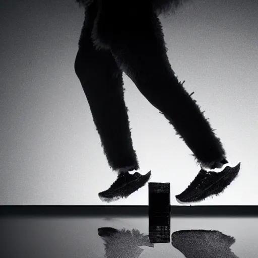 Image similar to nike shoe made of very fluffy black faux fur placed on reflective surface, professional advertising, overhead lighting, heavy detail, realistic by nate vanhook, mark miner