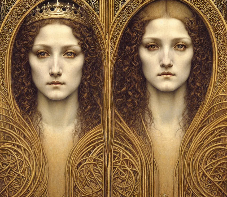 Image similar to detailed realistic beautiful young medieval queen face portrait by jean delville, gustave dore and marco mazzoni, art nouveau, symbolist, visionary, gothic, pre - raphaelite. horizontal symmetry