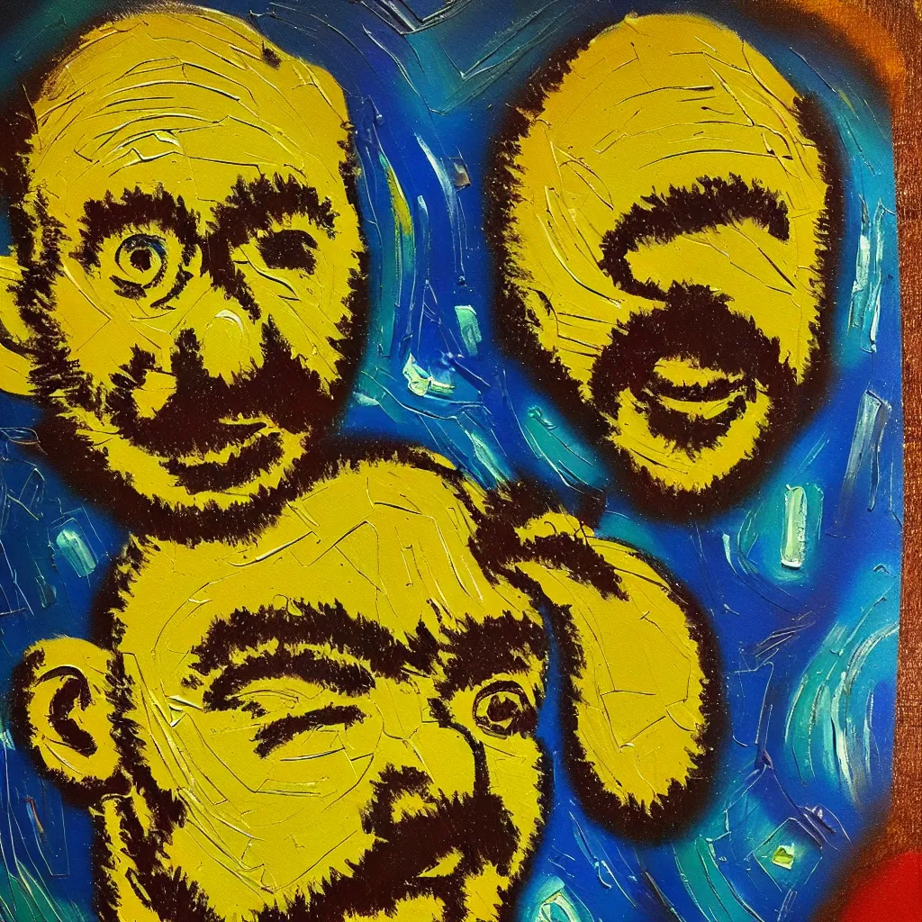 Prompt: happy face in the style of Jackson Pollack, with lots of stumbling, stumbled thick oil paint and painted in a style of painting similar to Van Gogh but more impasto and less hatching