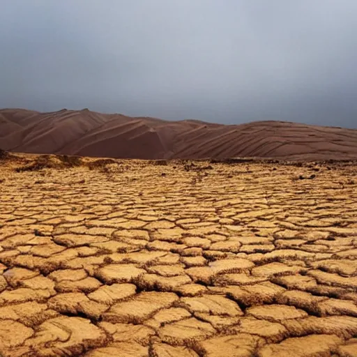 Image similar to a dreamlike landscape where all the hills are made of chicken skin and they have those little bumps and look kind of damp. Along the landscape walks a green skinned six legged camel.