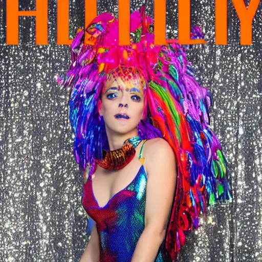 Prompt: jollyfish magazine cover photo, a woman wearing a dress made out of colorful dripping latex and a fancy intricate shiny reflective headdress made out of mirrors, standing in front of a detailed metallic backdrop made out of aluminum foil