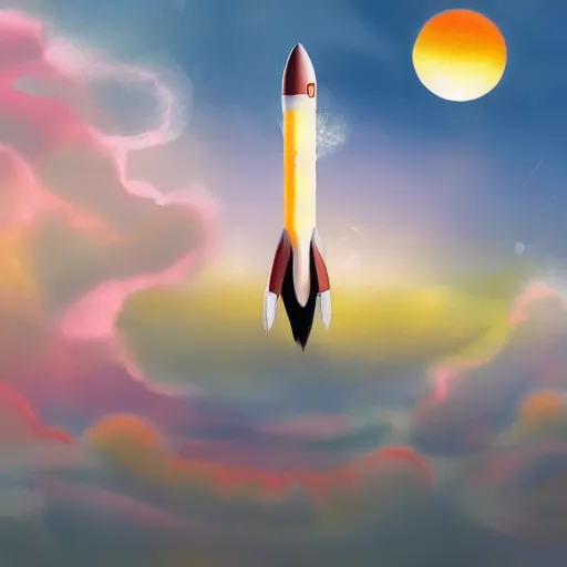 Prompt: rocket launching into the sky, sunrise, rocketship, wispy clouds, pixiv, concept art