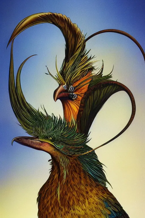 Image similar to king of saxony bird - of - paradise energy, painted by stephen hickman and tom jung and greg theakston and matthew stawicki, trending on artstation, dramatic brown and lime lighting side view illustrator, symbolism, very very intricate, magic realism, minimalism
