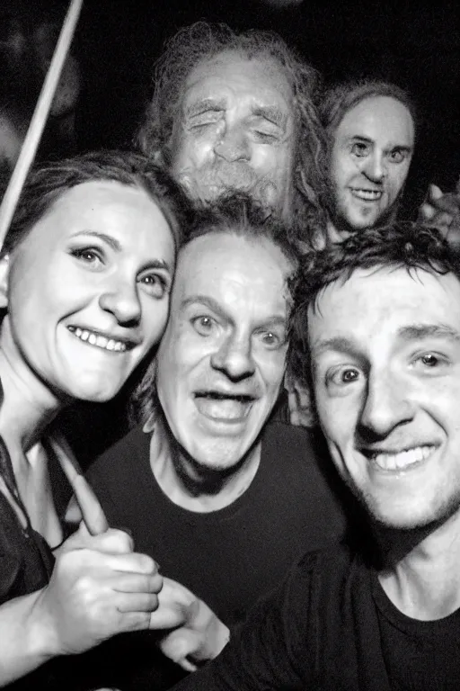 Prompt: nightclub selfie of frodo and sam smiling, gandalf behind them dancing, bright flash, high saturation, wide - angle lens, tolkien