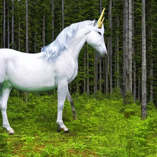 Image similar to a depressed unicorn standing next to a spruce forest, high resolution photograph