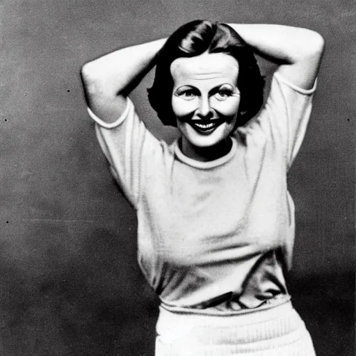 Image similar to a 1 9 2 8 portrait. happy, healthy, smiling, sporty, glowing greta garbo in athletic wear with big smile and healthy teeth.