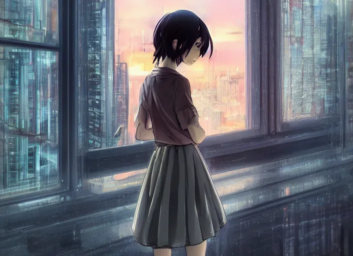 Image similar to anime girl in skirt looking out the window at megopolois and sunset, dynamic composition, motion, ultra-detailed, incredibly detailed, a lot of details, amazing fine details and brush strokes, colorful and grayish palette, smooth, HD semirealistic anime CG concept art digital painting, watercolor oil painting of Clean and detailed post-cyberpunk sci-fi close-up schoolgirl in asian city in style of cytus and deemo, blue flame, relaxing, calm and mysterious vibes,, by a Chinese artist at ArtStation, by Huang Guangjian, Fenghua Zhong, Ruan Jia, Xin Jin and Wei Chang. Realistic artwork of a Chinese videogame, gradients, gentle an harmonic grayish colors. set in half-life 2, Matrix, GITS, Blade Runner, Neotokyo Source, Syndicate(2012), dynamic composition, beautiful with eerie vibes, very inspirational, very stylish, with gradients, surrealistic, dystopia, postapocalyptic vibes, depth of field, mist, rich cinematic atmosphere, perfect digital art, mystical journey in strange world