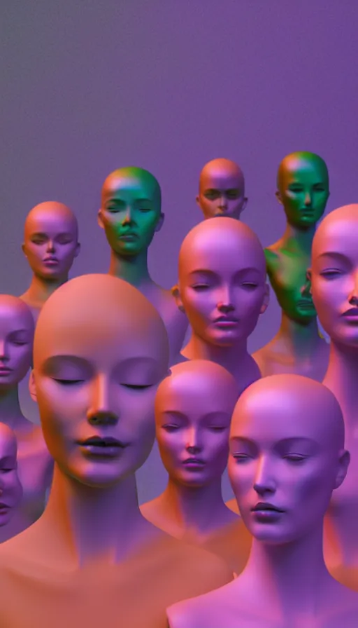 Image similar to a group of mannequins with their eyes closed, a computer rendering by beeple, cgsociety, holography, iridescent, holographic, 3 d