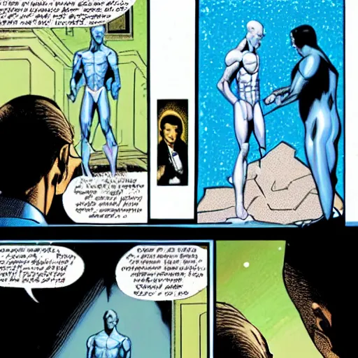 Image similar to A panel from a comic, of Doctor Manhattan reaching out his hand to create new life, in the art style of Dave Gibbons.