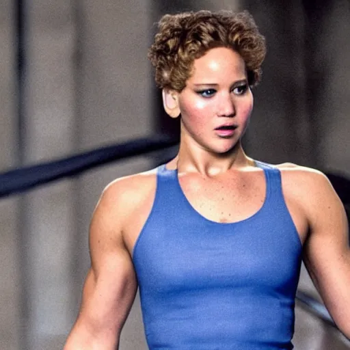 Prompt: still of jacked up Jennifer Lawrence as Yvonne Drago in Rocky IV remake 2029