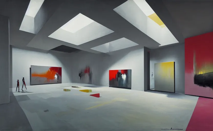 Image similar to painting of interior shot of a white concerete brutalist contemporary art museum with abstract colourful paintings hanging on the wall by darek zabrocki and greg ruthkowski, cinematic and cold atmospheric, archillect concept art, artstation, trending on artstation