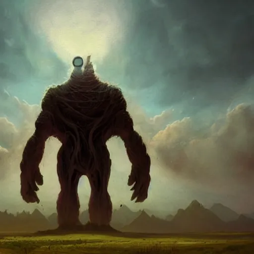 Image similar to a digital painting of a gigantic big enormous humanoid monster standing in the sky, concept art by simon stalenhag and peter mohrbacher cgsociety, vanitas, ominous, lovecraftian, speedpainting, apocalypse art. high angle shot. mist. unreal engine. hyper - realistic. photo realistic. octane render. detailed masterpiece. extreme wide shot.