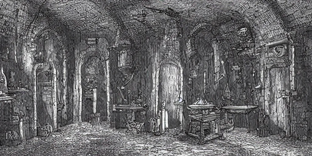 Prompt: description of room in the dungeon, osr dungeon, tomb of horror, illustration, high detail, high resolution