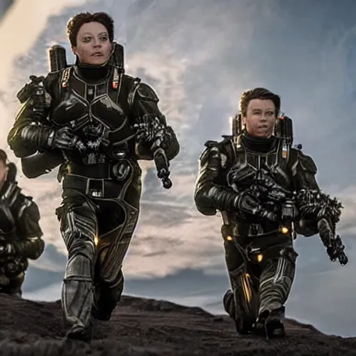 Prompt: wide angle action shot of enhanced super soldiers with jet packs flying over craters and trenches, highly detailed, highly textured, atmospheric, night, explosions futuristic, from the movie Dune (2021)