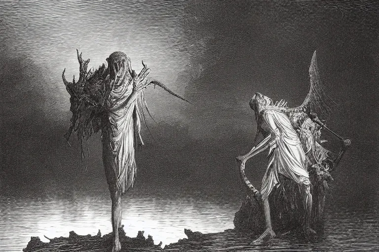 Image similar to demons near calm lake, Gustave Dore lithography