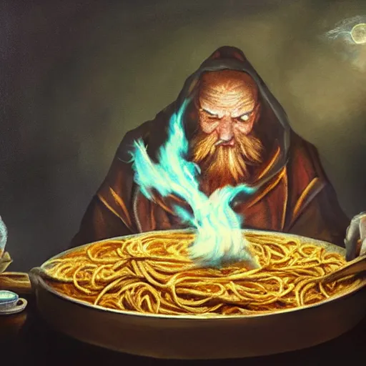 Image similar to painting of a mysterious old wizard summoning a bowl of pasta, atmospheric, oil painting, concept art, highly detailed