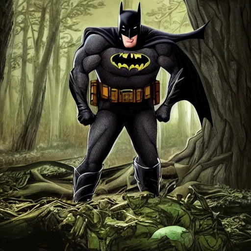 Image similar to batman meets groot in the woods digital art 4 k detailed super realistic