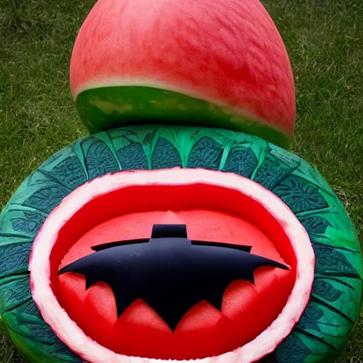 Image similar to an elaborate watermelon carving that looks like a batmobile made out of specially carved watermelon parts, spread out on a party platter ready for guests, photography, food and garden magazine,