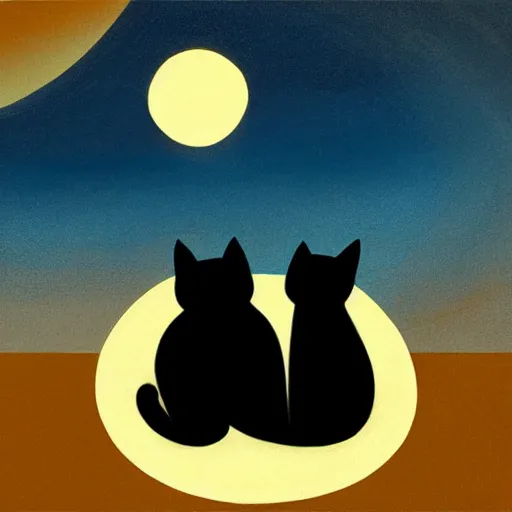 Prompt: two cats curled up with each other on a rooftop under a bright moon light, in the style of ilya kuvshinov