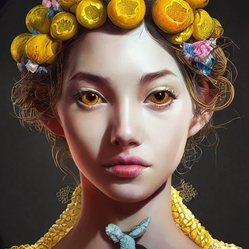 Image similar to the portrait of an absurdly beautiful, graceful, elegant, sophisticated, young idol made up of lemons, an ultrafine hyperdetailed illustration by kim jung gi, irakli nadar, intricate linework, bright colors, octopath traveler, final fantasy, unreal engine 5 highly rendered, global illumination, radiant light, detailed and intricate environment