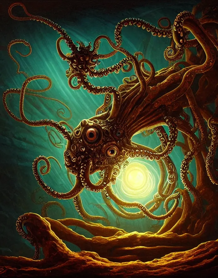 Image similar to a detailed digital art of an alien creature with multiple eyes and tentacles emerges from a glowing orb in the center of a dark, foreign landscape,by Albert Bierstadt, Yohann Schepacz and Laurel Burch,style of grim dark, Kai Fine Art, chiaroscuro, dark academia, copper patina,detailed, ornate, maximalist, 8k, cinematic, compositing, post processing, award winning art,artstationHQ,artstationHD