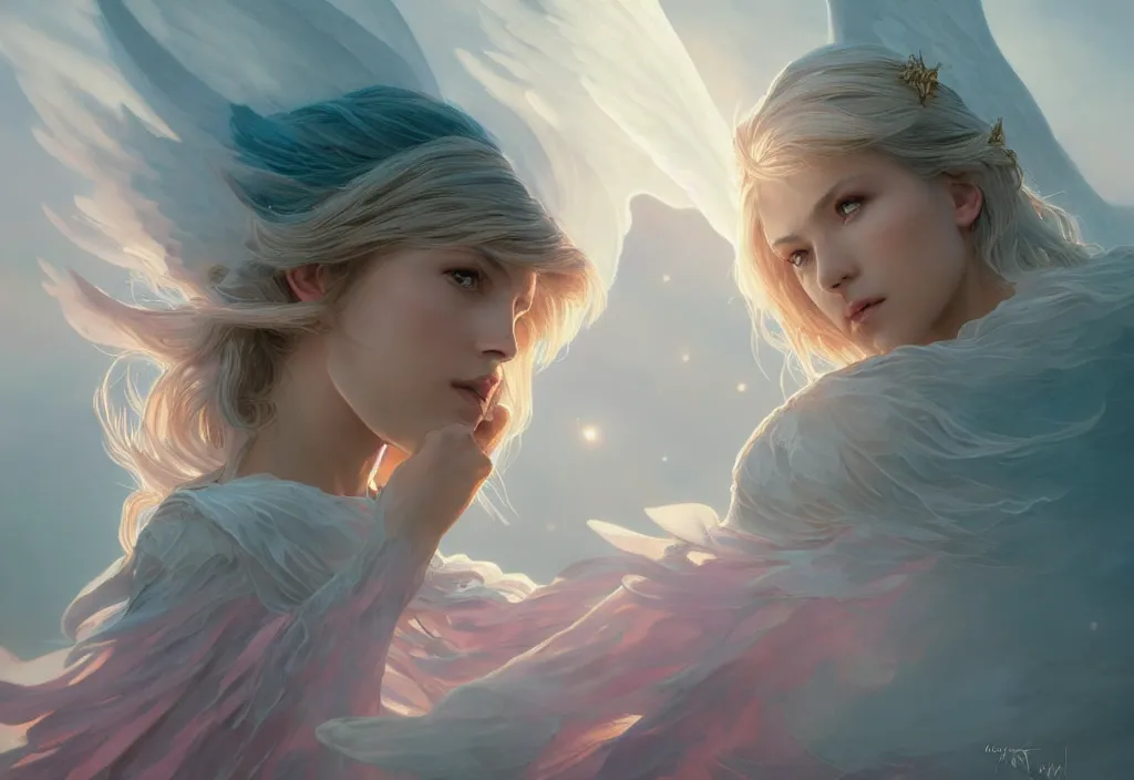 Image similar to one angel, big wings, low key light, full plate armor with cloth, f 1 6, bokeh, extreme close up portrait, gentle, female, mountain, storm, god rays, landscape, d & d, fantasy, elegant, teal pink white gold color palette, concept art, artgerm and greg rutkowski and alphonse mucha