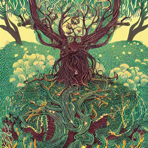 Image similar to detailed illustration of a of a monster in an ornate forest by victo ngai