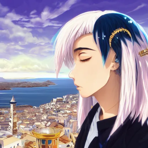 Image similar to side profile of rimuru tempest crying with sky blue hair, long hair, gold eyes, black jacket with white stripes and a high collar | highly detailed, greek city in the background, professional digital painting, digital art, concept art, award - winning photography, cinematic, wlop | art by pixiv art, ilya kuvshinov, yoshitaka amano