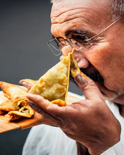 Image similar to a portrait of gandhi eating samosa whilst walking, highly detailed, trending on artstation, bokeh, 9 0 mm, f / 1. 4