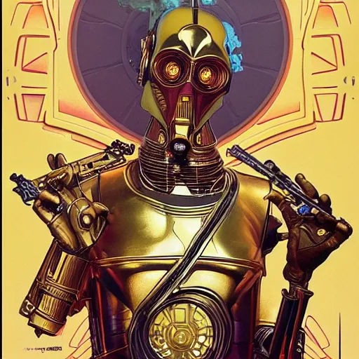 Prompt: c 3 po smoking crack cocaine by mcfarlane, alphonse mucha, artgerm and greg rutkowski and magali villeneuve. realistic.