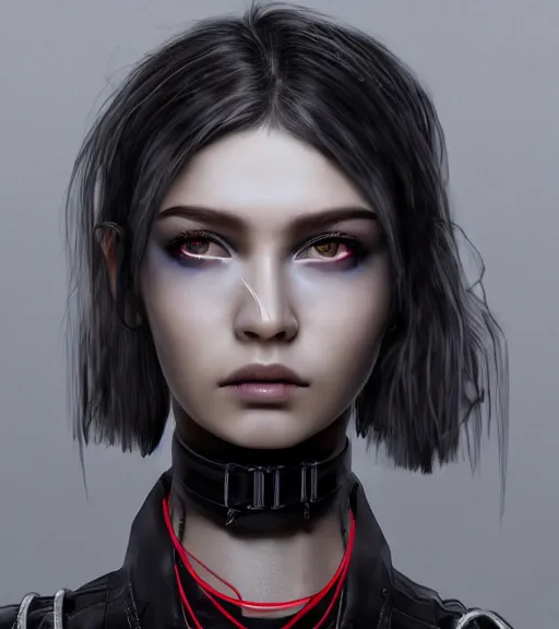 Image similar to detailed realistic female character cyberpunk wearing thick steel collar around neck, realistic, art, beautiful, 4K, collar, choker, collar around neck, punk, artstation, detailed, female, woman, choker, cyberpunk, neon, punk, collar, choker, collar around neck, thick collar, tight around neck, punk,