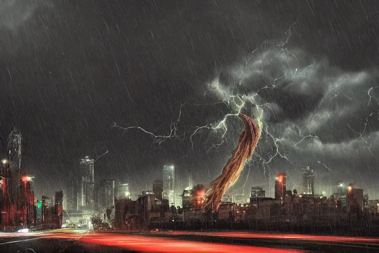 Prompt: monstrous tornado with creeping tendrils looming over a city, flying debris, night, street view, rain puddles, backlit, sprites, high contrast, unsplash, artstation